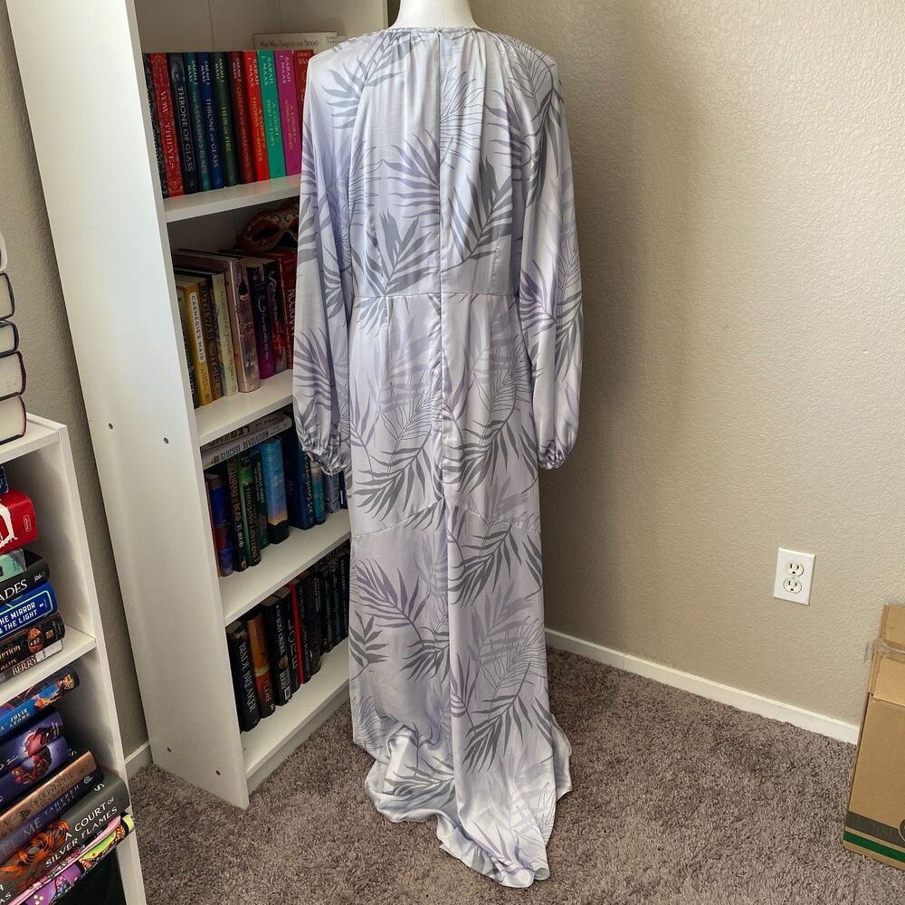 BOHME Gray Elegant Leaf Pattern Romantic Whimsical Long Sleeve Boho Maxi Dress L - Picture 7 of 12